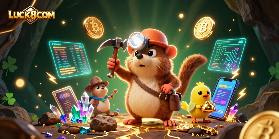 Experience the excitement of LUCK8COM with a vibrant, dynamic casino scene featuring cartoon characters and crypto elements.