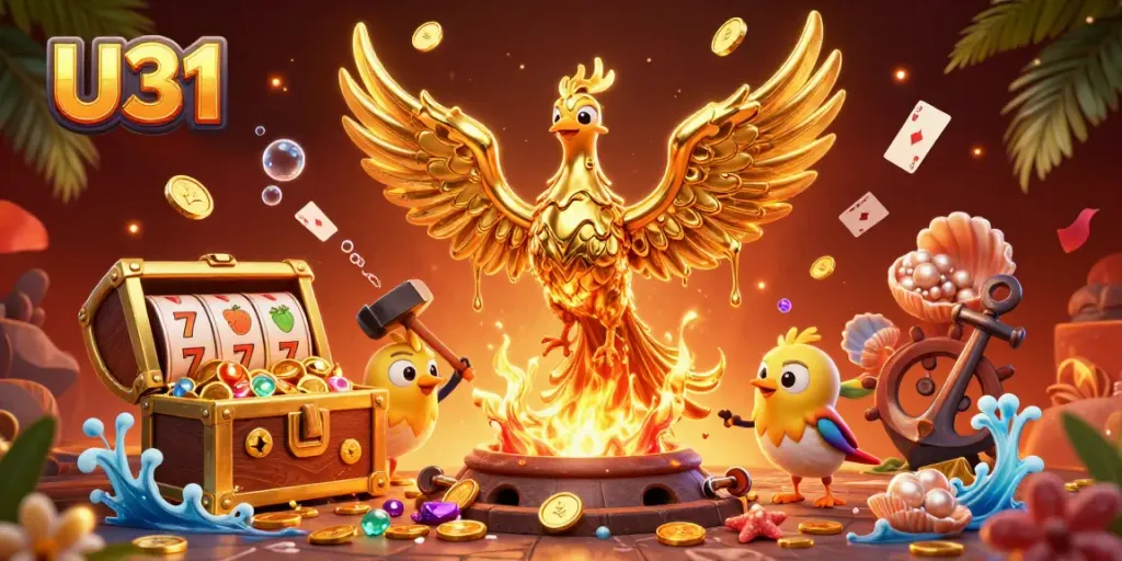 Experience casino excitement with U31, featuring a golden phoenix and dynamic slot elements.
