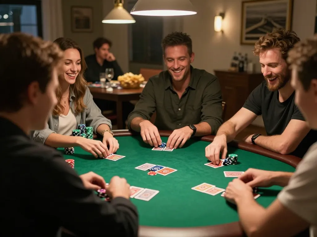 Engaging poker night with friends celebrating a win, showcasing the aman788 experience in casual gaming