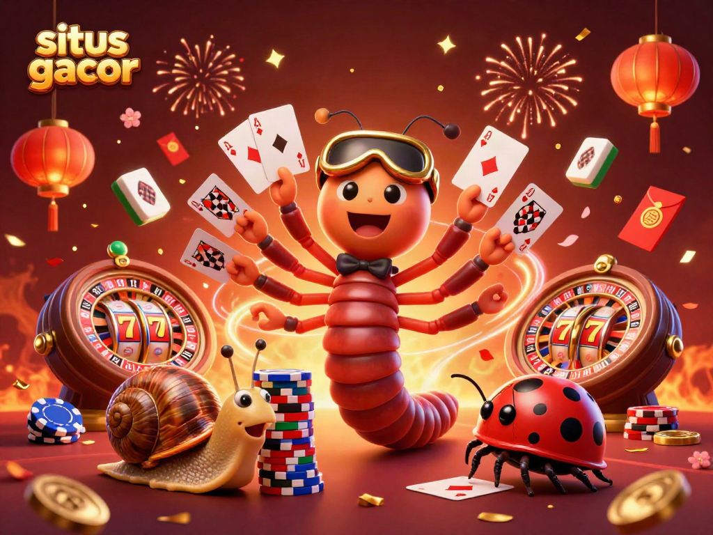 Experience excitement at situs gacor with a millipede dealer showcasing playing cards in a vibrant casino scene.