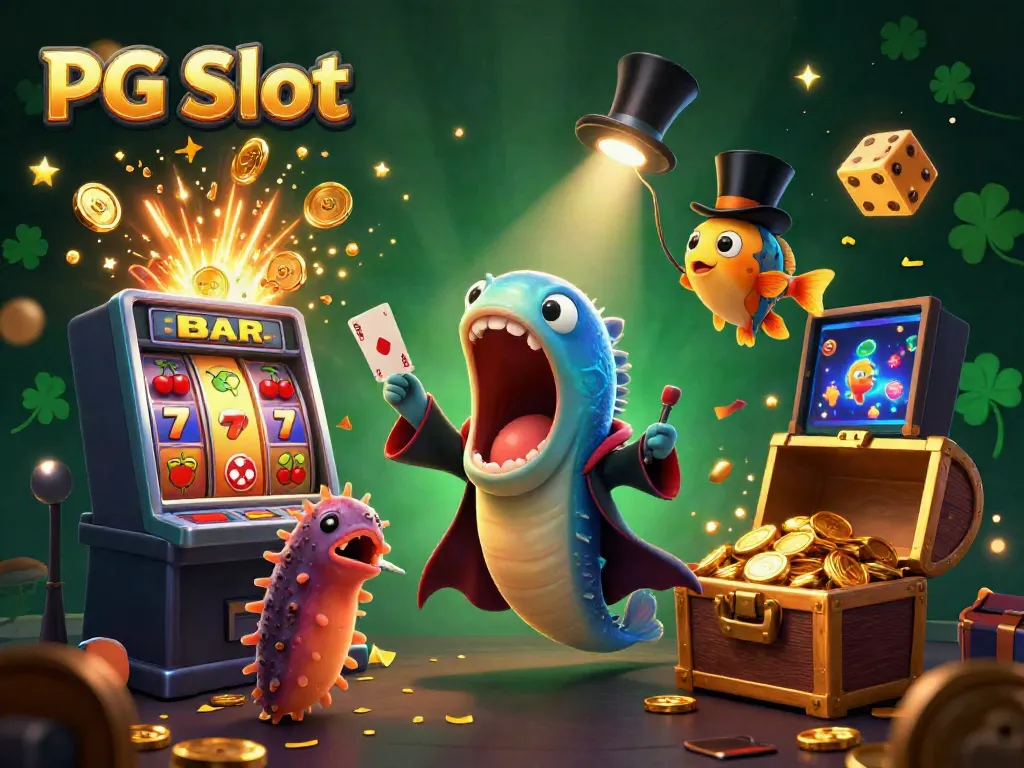 Experience the magic of PG Slot with a dynamic 3D casino illustration featuring vibrant characters and exciting gaming elements.