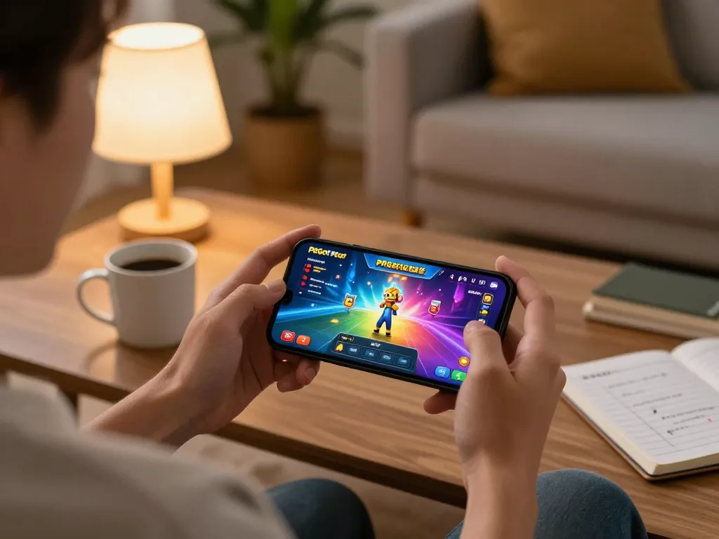 Player enjoying PGSOFT PGSlot on mobile, showcasing vibrant game graphics and cozy atmosphere