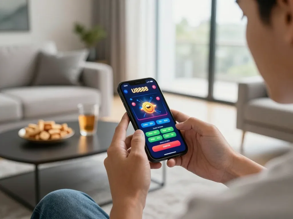 Player engaged in online betting with U8888 app on smartphone in a cozy living room setting.