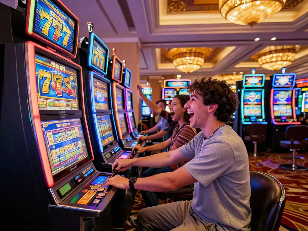 Excited player at Lucky777 slot machine in vibrant casino lights with coins spilling out.