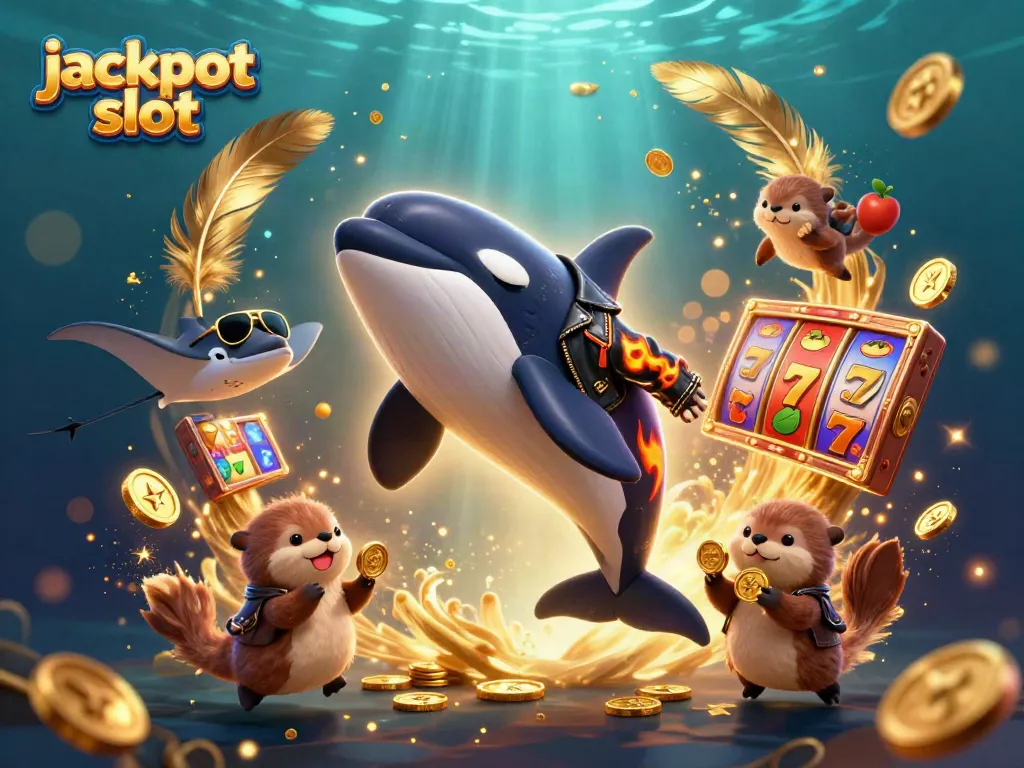 Exciting jackpot slot scene featuring an orca whale, stingray, and sea otters with coins.