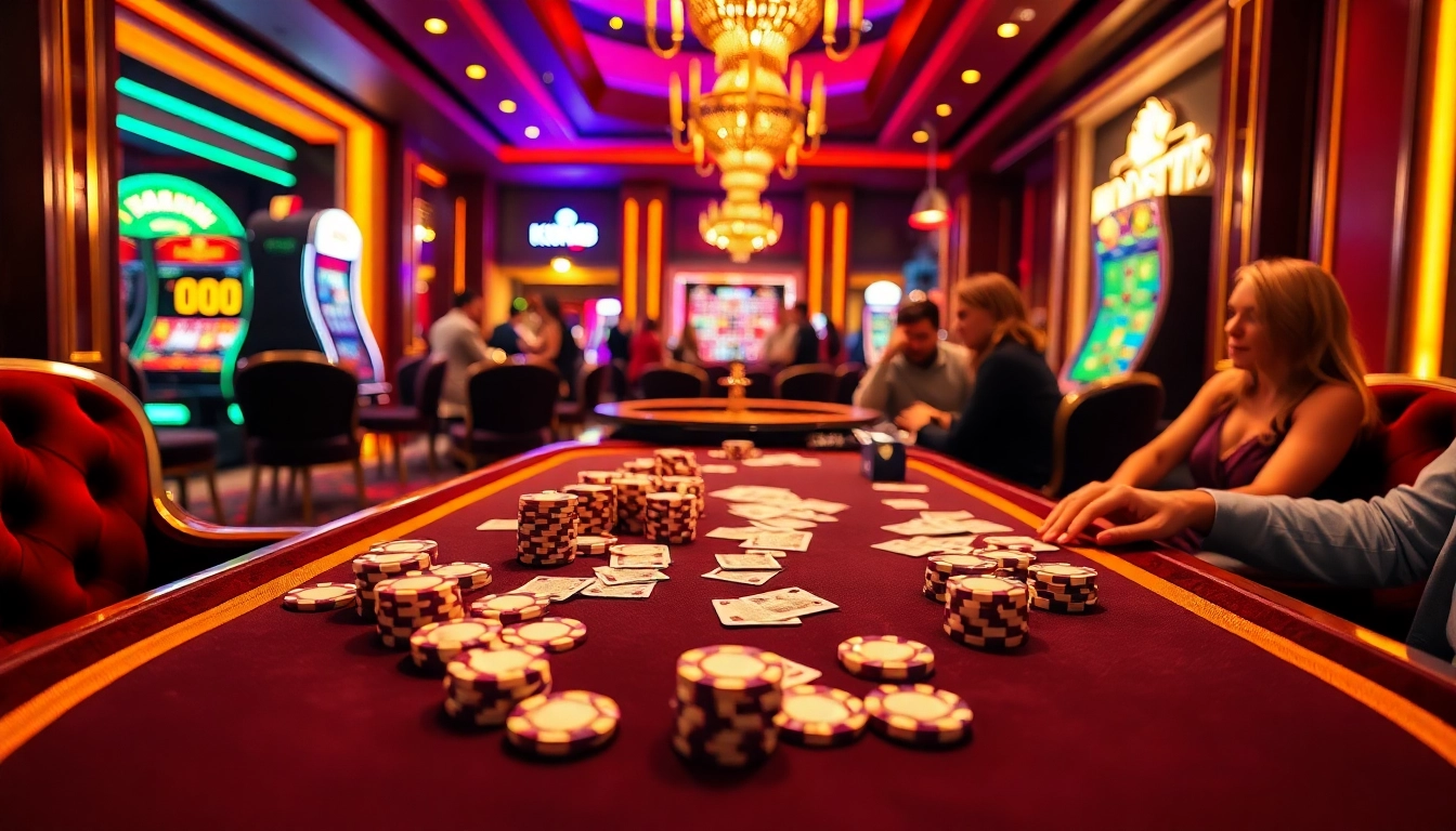KONG88 poker table with players engaging in high-stakes gaming action at a luxurious casino.