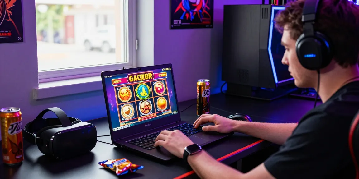 Player enjoying slot gacor games at an energized gaming desk with LED lights and gaming gear.