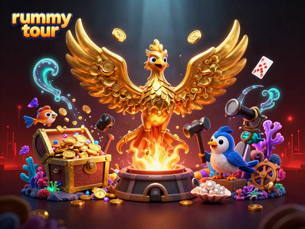 Rummy tour menampilkan ilustrasi 3D dari phoenix emas memikat dengan koin yang mengalir dan elemen permainan yang seru.
