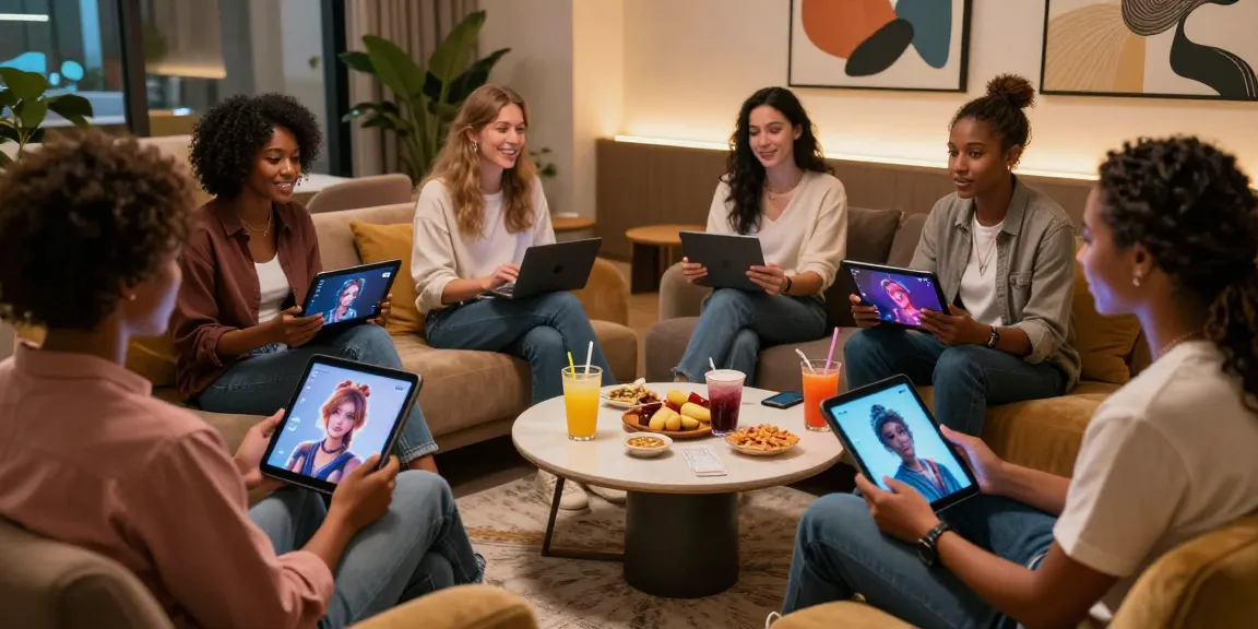 Engaging NSFW AI interaction among diverse individuals in a cozy lounge, showcasing vibrant character chats.