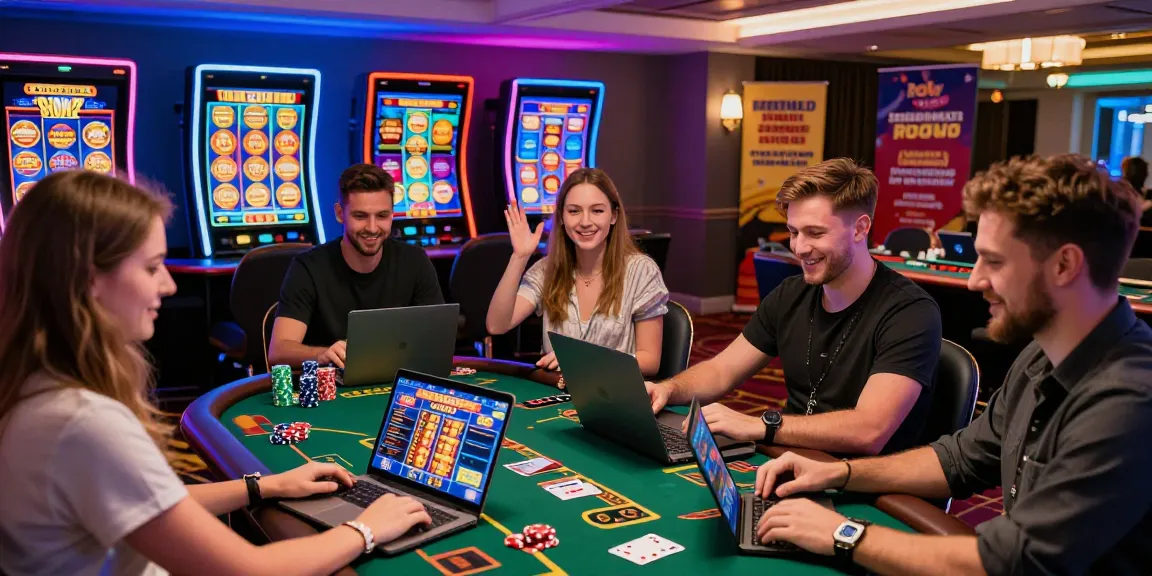 UK players enjoying gaming at non UK casinos with vibrant LED lights and colorful screens.