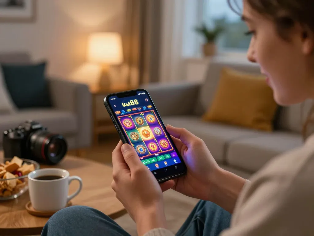 Player using the uu88 mobile app to spin colorful slot game reels during cozy home gaming.