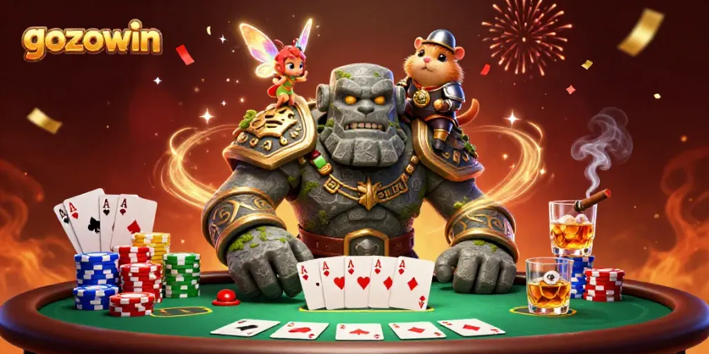 Experience thrilling gameplay with gozowin featuring a magical golem guardian and vibrant poker elements.