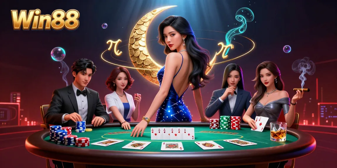 Win88 casino illustration with vibrant colors, showcasing poker excitement and rich gameplay.