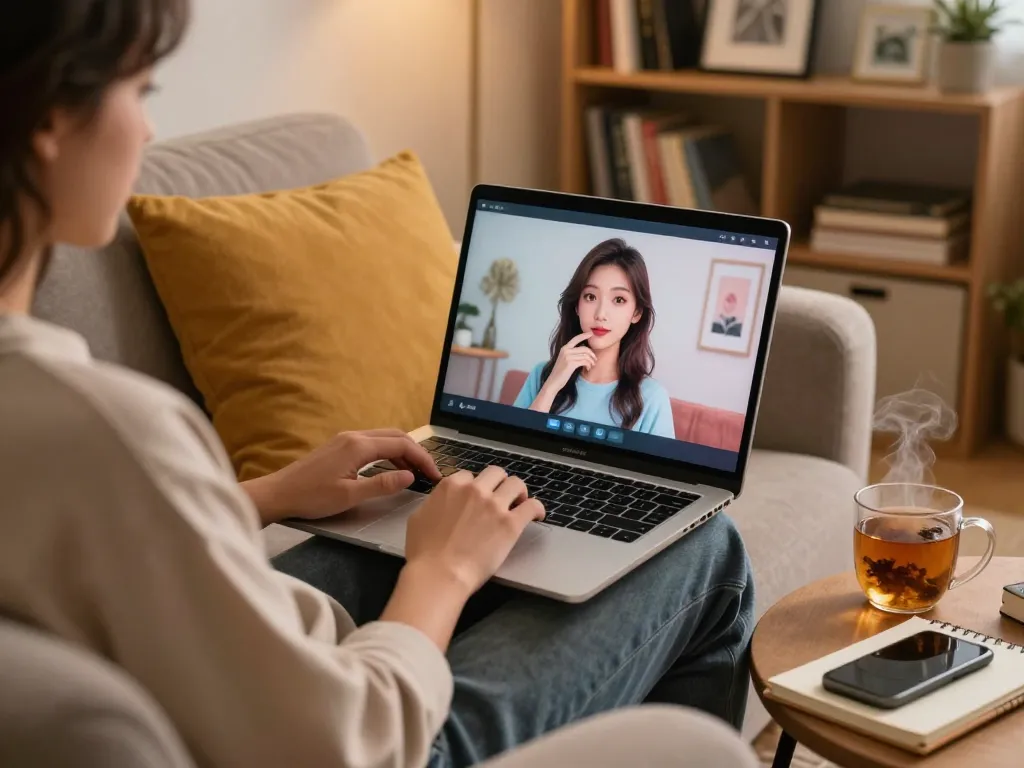 Engaging in AI sex chat with a digital companion in a cozy setting