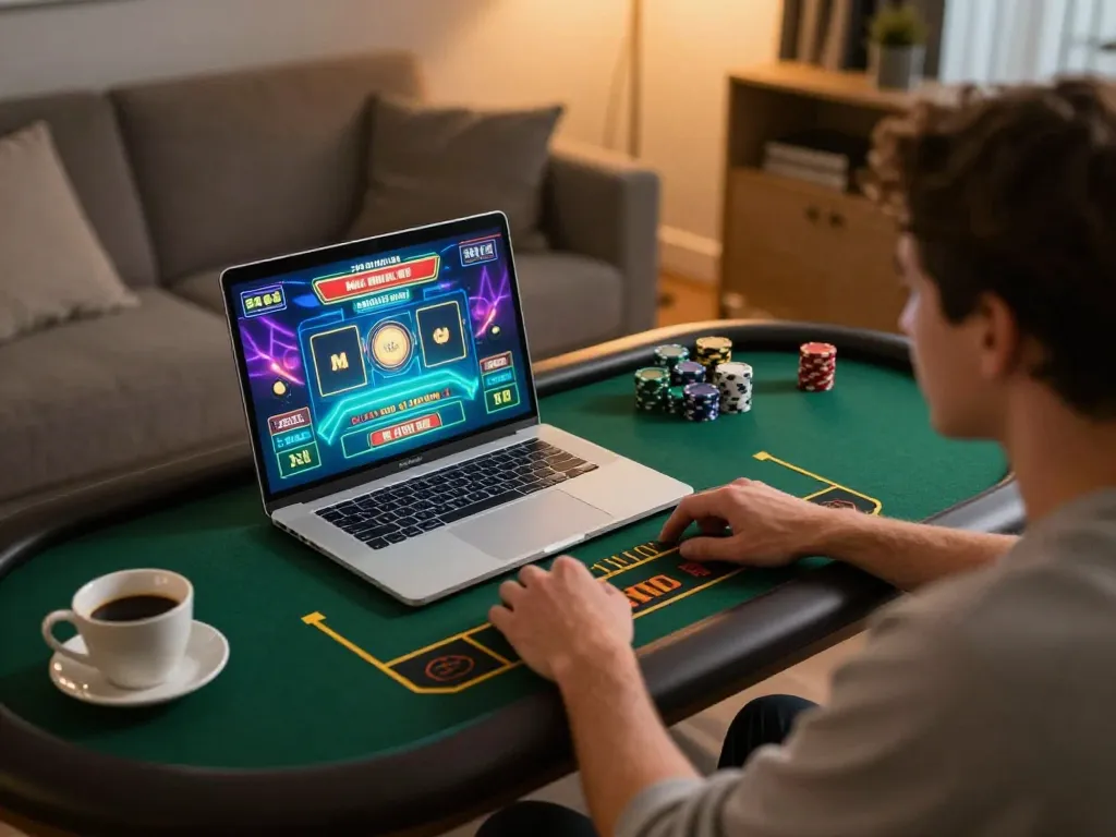 cm88 engaging in live dealer game at home, laptop screen showing vibrant casino action and cozy environment.