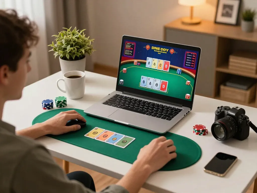 SweBee menunjukkan pemain yang terlibat di meja poker online langsung, gameplay dinamis dengan kartu dan chips yang fokus.