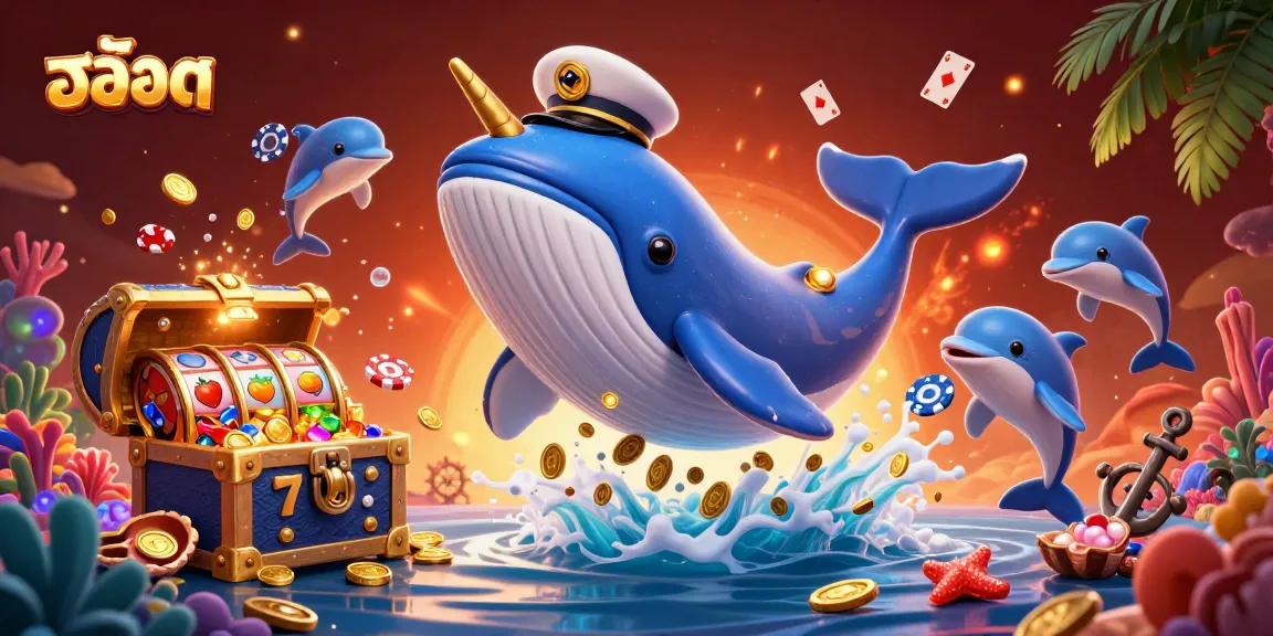 Engage with vibrant สล็อต themes featuring a whale, narwhal, and dolphins in a dynamic casino scene.