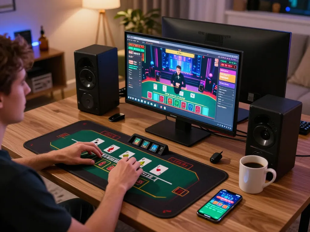 Nego77 player enjoying live dealer blackjack at home with a modern setup
