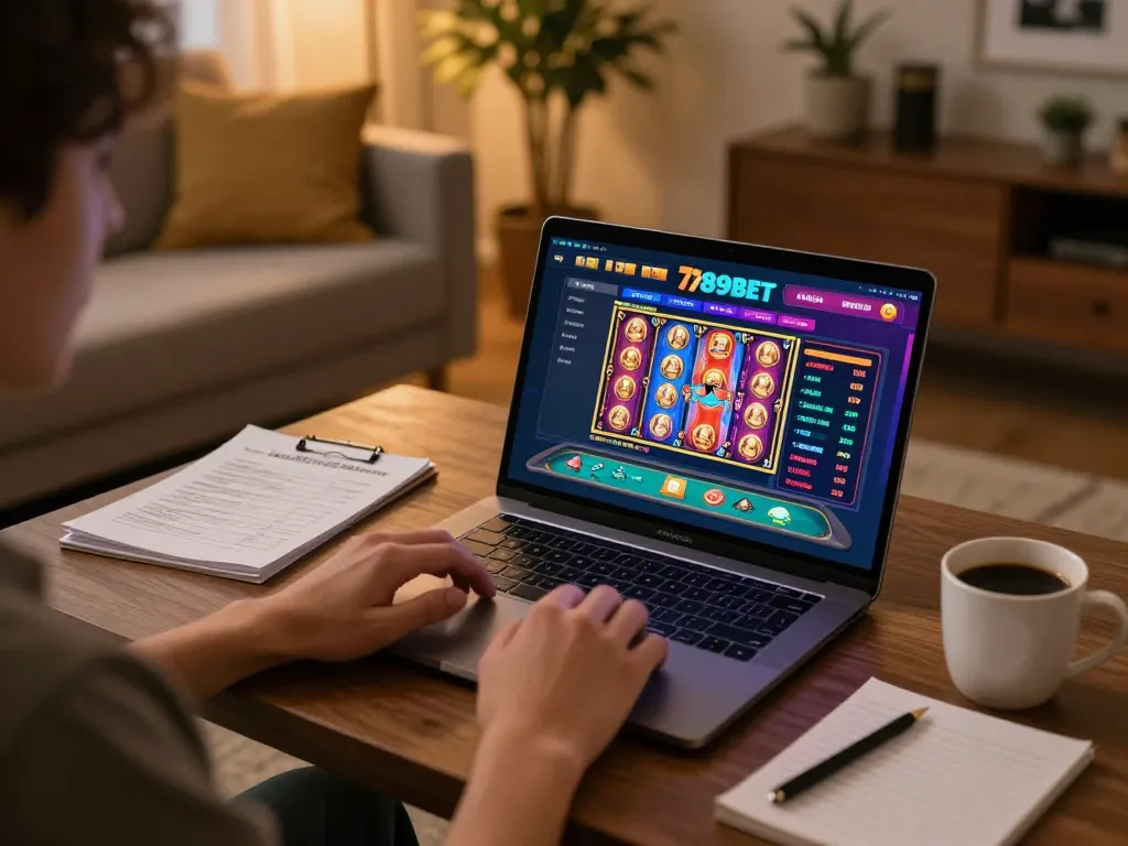 Engaging online gaming experience at trang chủ 789bet with a player at the laptop enjoying a lively casino atmosphere.