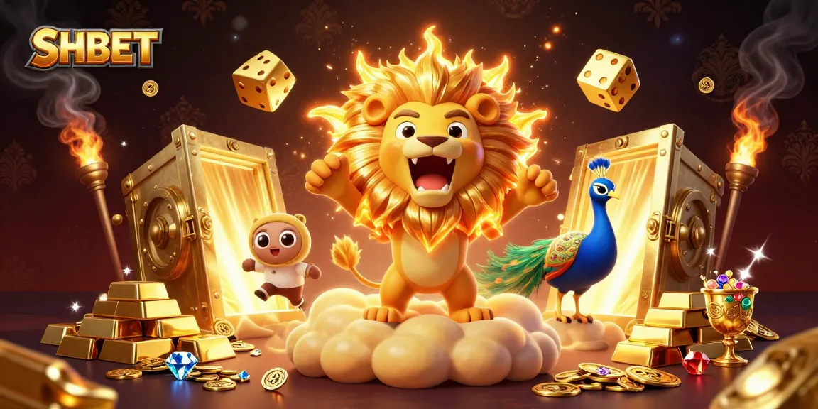 SHBET reveals a dynamic 3D scene featuring a roaring sun lion and golden dice, symbolizing exciting casino adventures.
