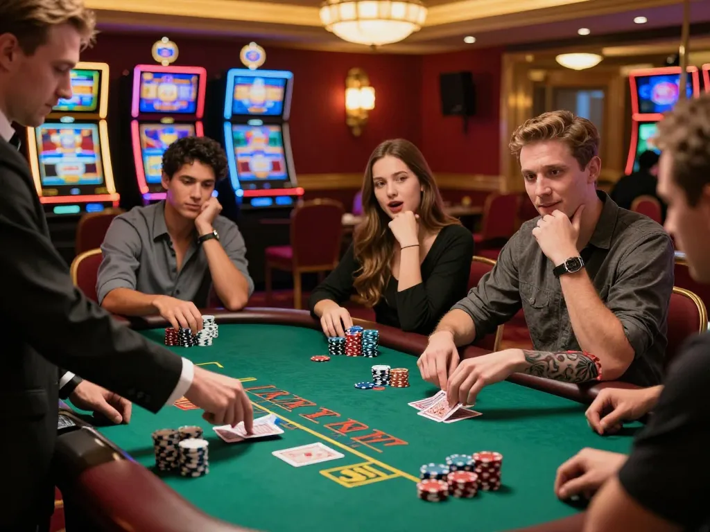 Players enjoying blackjack at a lively casino while strategizing their tg88 bets with professional dealer.