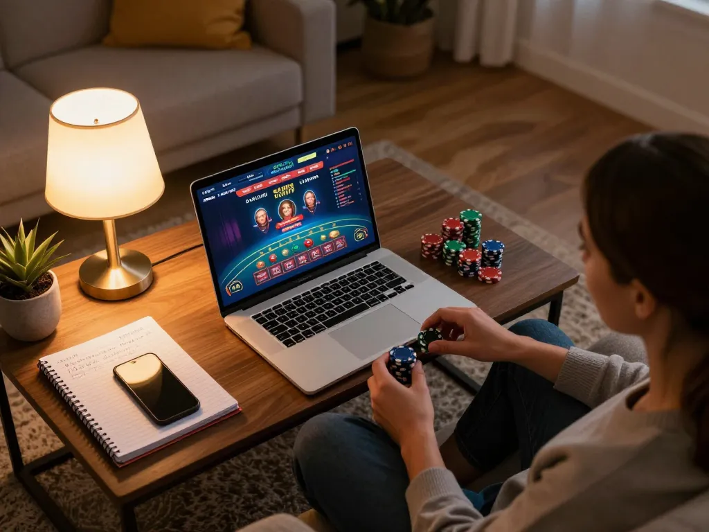 Player enjoying online casino at home using jikankasi with laptop and poker chips visible.