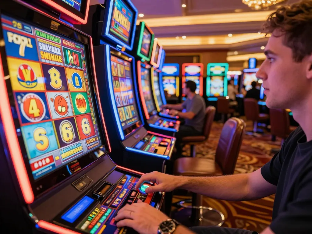 Engaged player hitting spin button on rik vip slot machine, colorful casino background, vibrant gambling atmosphere
