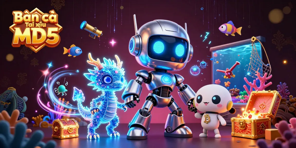 Bắn cá Tài xỉu MD5 showcases a robotic mascot and digital companion, immersing viewers in vibrant underwater shooting action.
