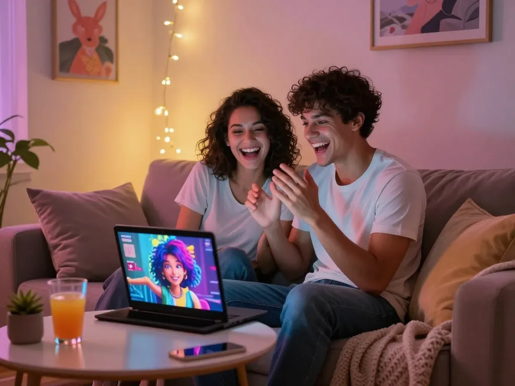 Couple enjoying interactive NSFW AI chat on a cozy couch.