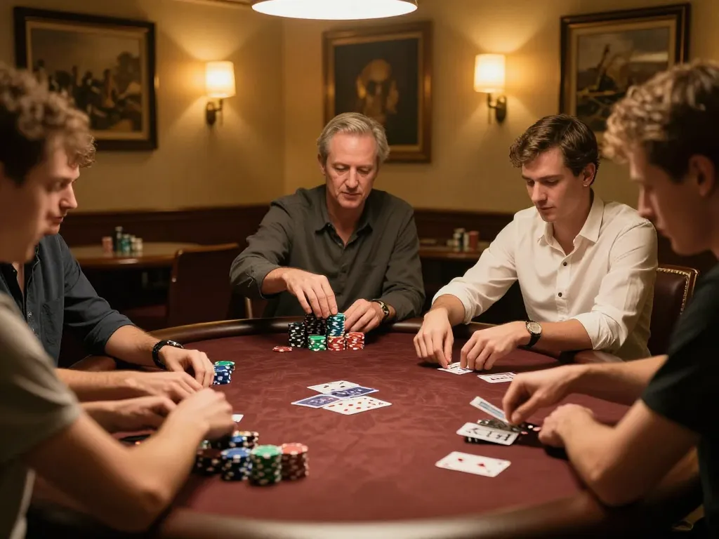 KONG88 players strategizing their bets at an upscale poker table in an elegant casino setting.