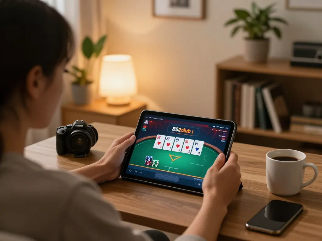 B52club player engaging with an online poker game on a tablet in a cozy living room.