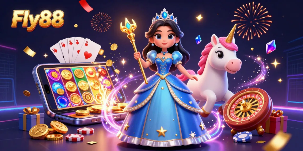 Experience excitement with Fly88's vibrant 3D casino scene featuring slot games and enchanting characters.