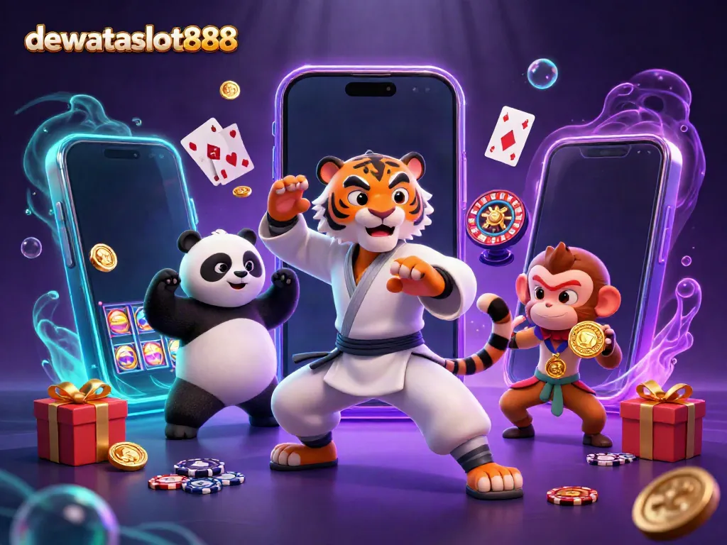 Menangkan koin besar di dewataslot888 dengan karakter kartun 3D bermain slot dan tembak ikan dalam ilustrasi menarik.