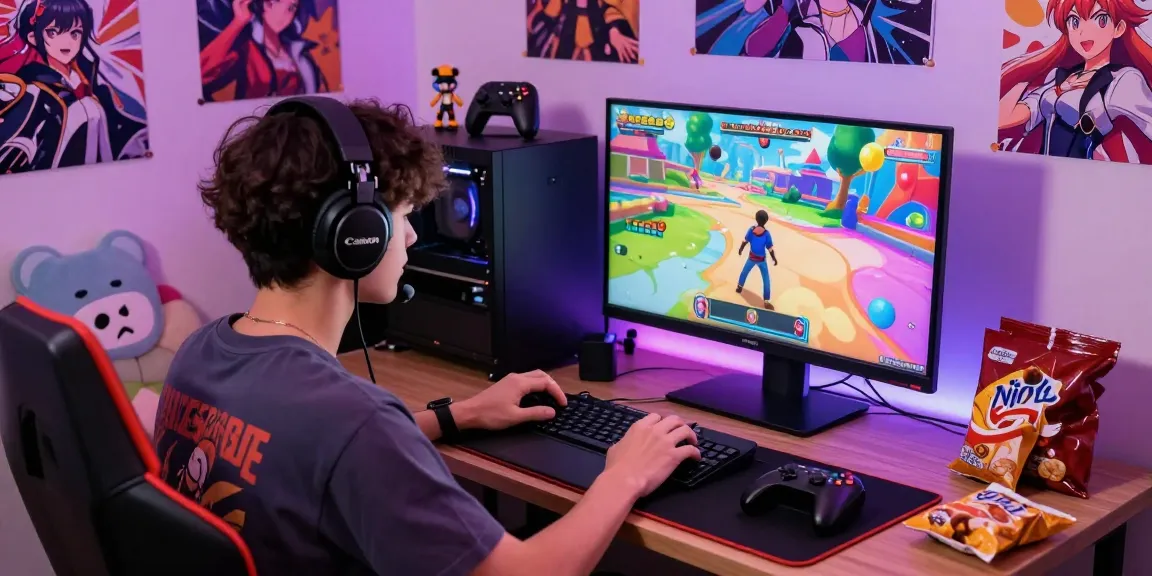 Engaging scene of a young man playing a gay ecchi game on a laptop in a vibrant gaming room.