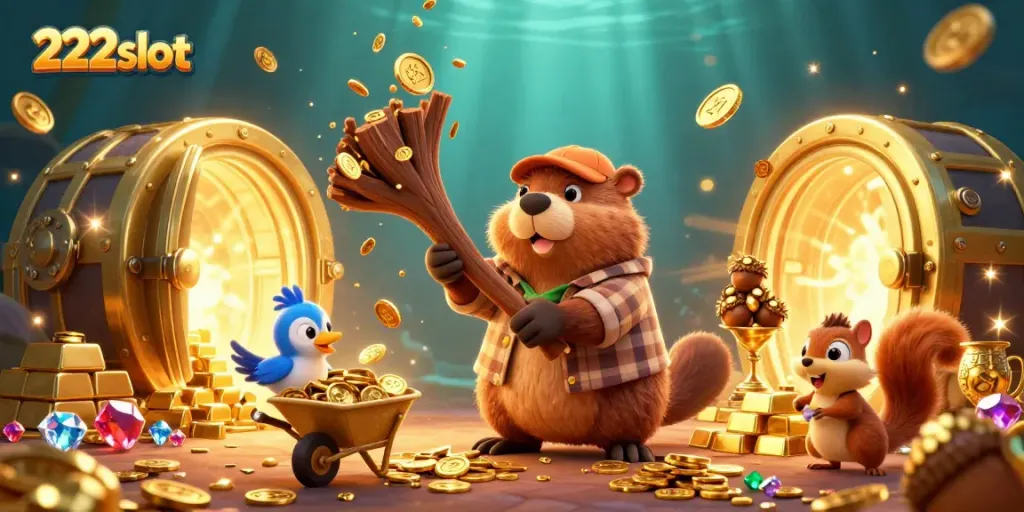 Menangkan jackpot di 222slot dengan ilustrasi aksi menyenangkan dari hewan beruang pemotong kayu yang berhasil mengumpulkan koin emas.