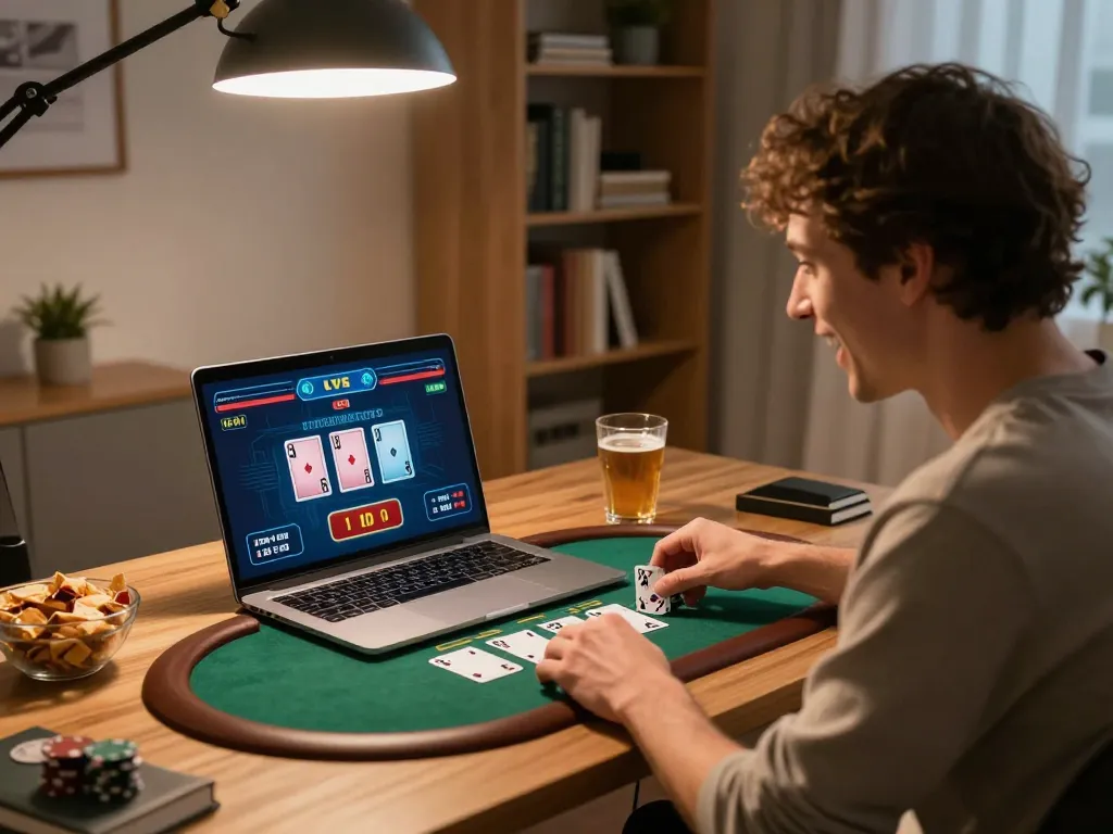 Pemain menikmati permainan blackjack langsung di laptop, menyoroti dewi100 untuk pengalaman perjudian online yang menarik.