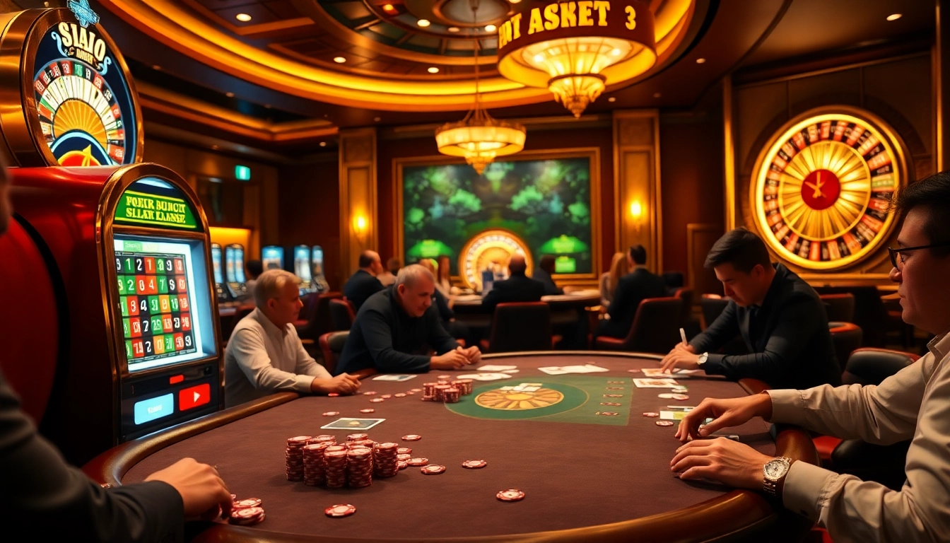 Players engage at a vibrant poker table in the luxurious thabet college casino setting.