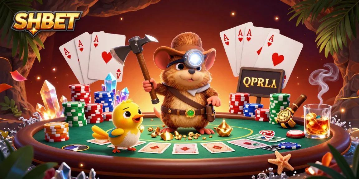 SHBET poker scene featuring a treasure hunter mole and canary amidst vibrant gaming elements