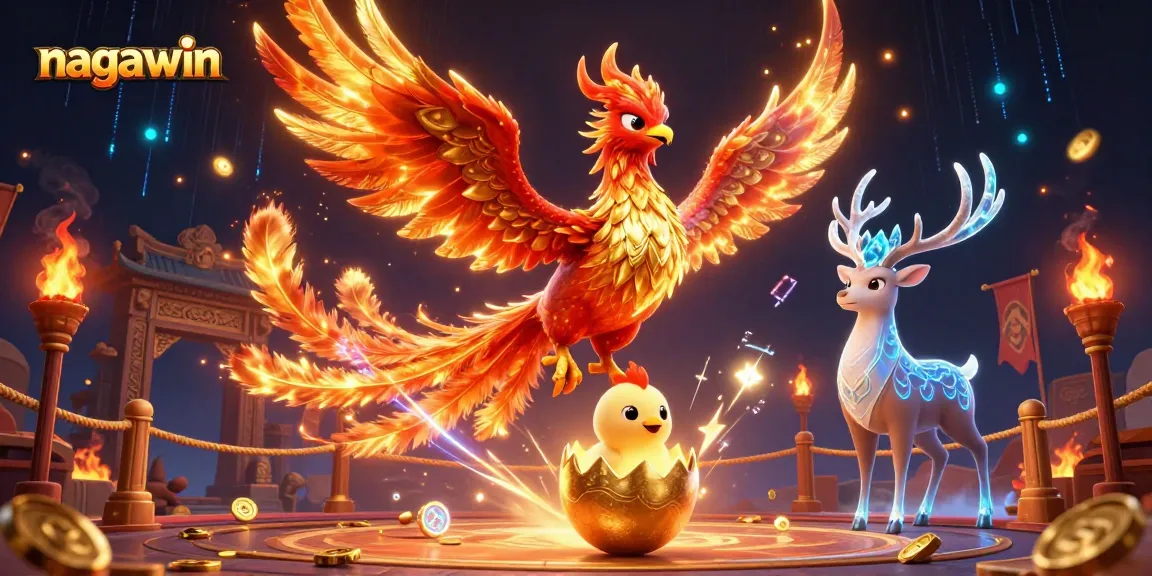 Experience thrilling gaming with nagawin, showcasing a blazing fire phoenix and dynamic casino elements.