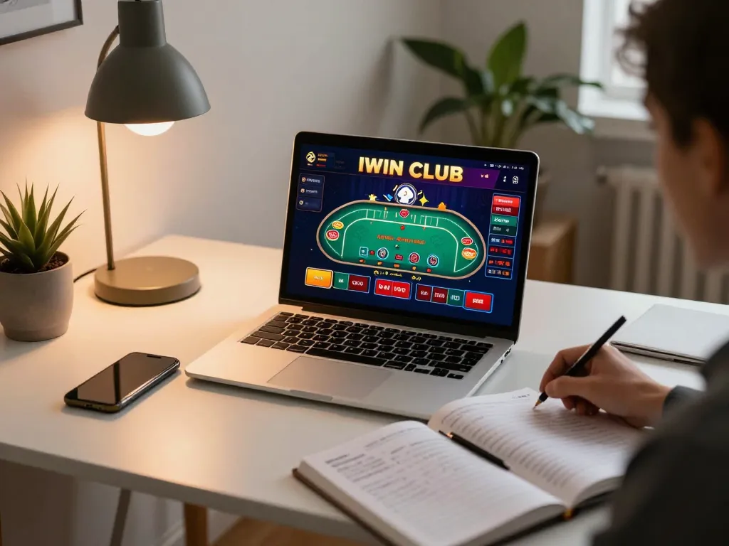 IWIN CLUB live blackjack gameplay on laptop with cozy home setup, showcasing strategic notes and smartphone.