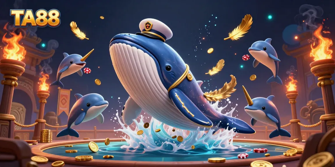Engage with TA88 gaming excitement alongside a cartoon whale, dolphins, and golden elements.
