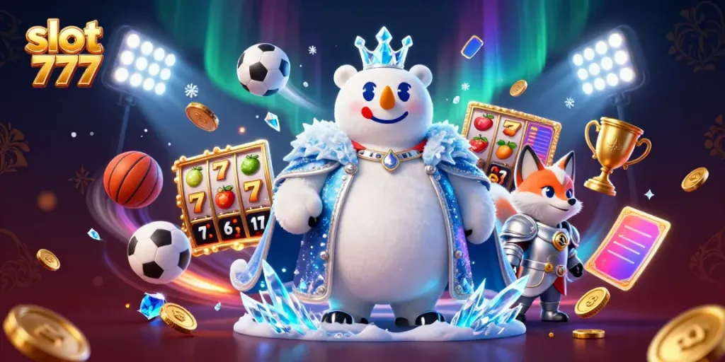 Slot 777 menampilkan raja beruang kutub 3D dan rubah salju dalam grafis slot yang menarik.
