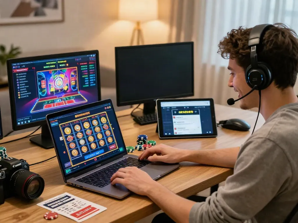 Player enjoying online gaming at home with Wolfbet interface, showcasing excitement and engagement.