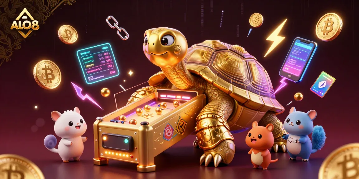 Engage with ALO8 for thrilling casino fun featuring a golden tortoise pinball machine surrounded by crypto elements.