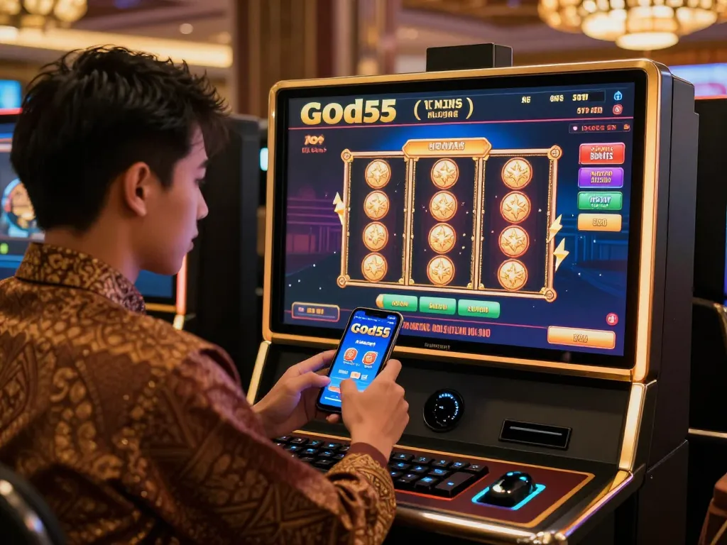 Engaged user exploring https://god55.agency/ casino games on mobile, showcasing modern interface and cultural elements.
