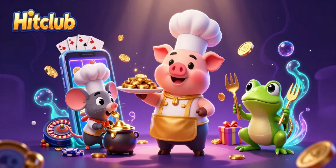 Engage with Hitclub's exciting slot game features as a chef pig presents golden treasures.
