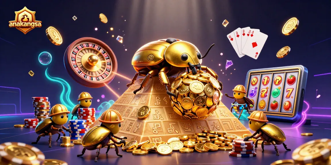 Spin the reels of anakangsa while enjoying golden coins and a vibrant casino backdrop.