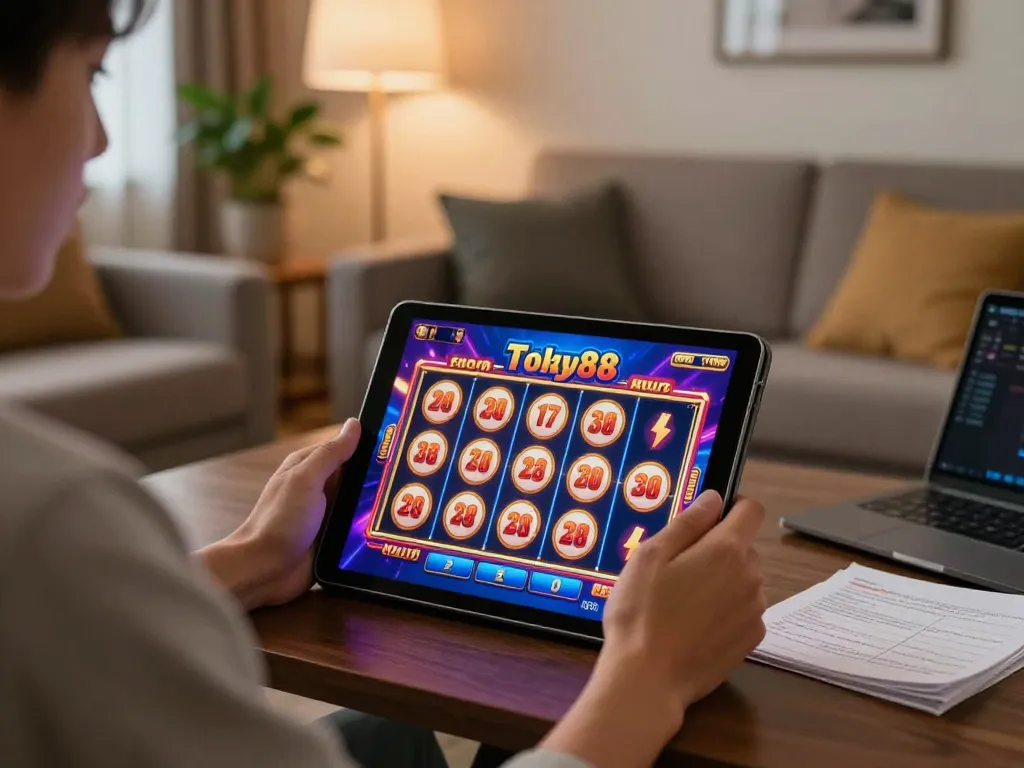 Pemain yang terlibat dengan permainan slot online tokyo88 di tablet, suasana rumah yang nyaman dengan pencahayaan hangat.