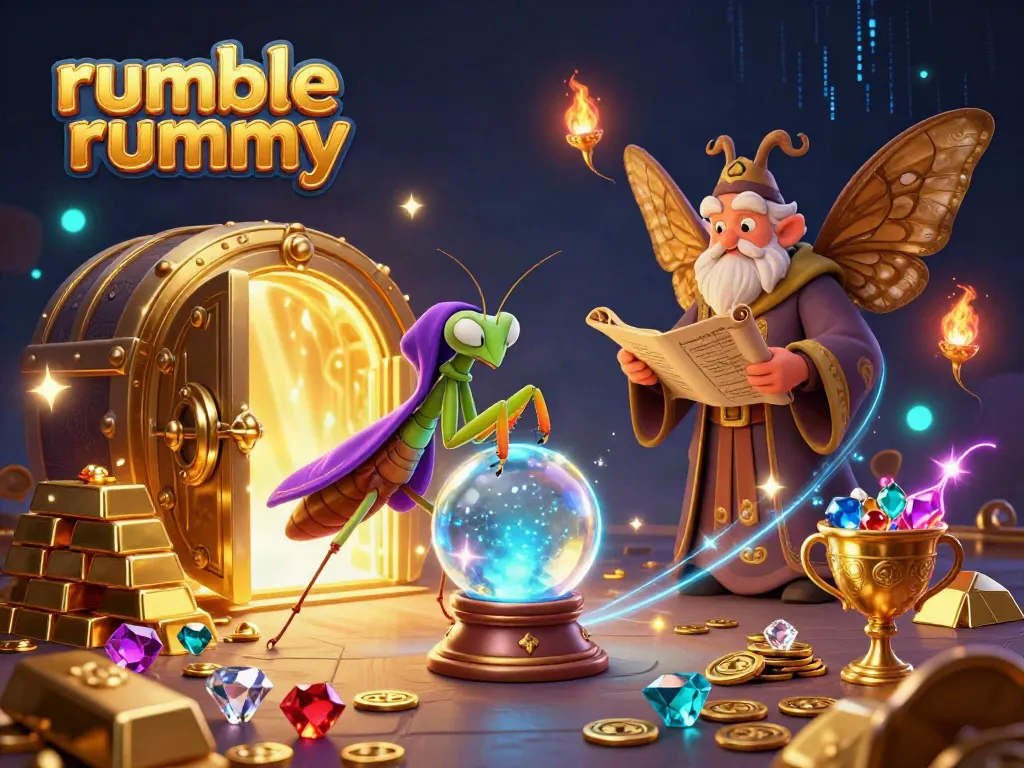 Engage in rummy gameplay with enchanting characters and treasures in this vibrant casino scene.