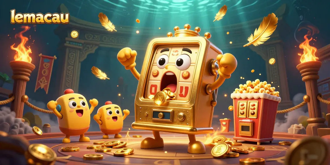 Lemacau slot machine hits a jackpot, coins flying, with cheering baby slots and popcorn machine in a vibrant casino scene.